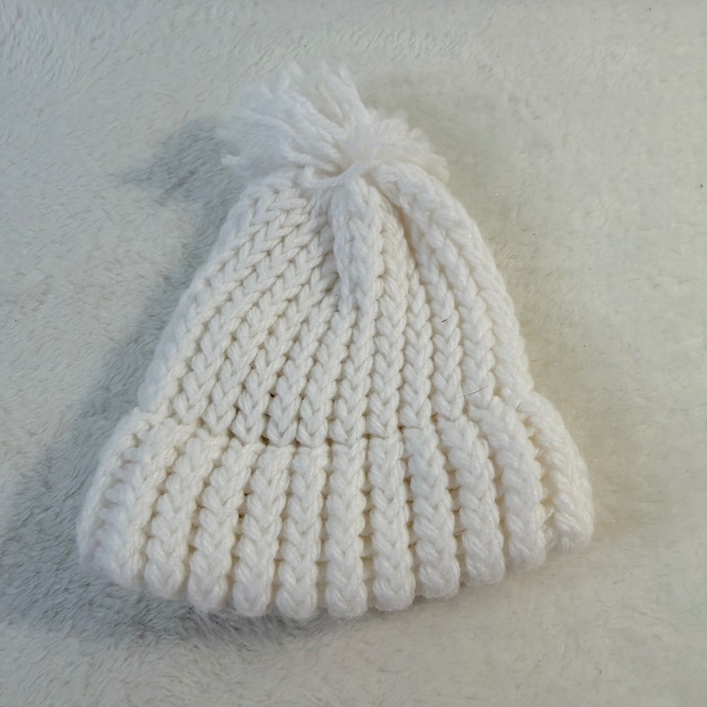 Handmade Knit Beanie Preemie White Chunky Pom Pom Cuffed Hat